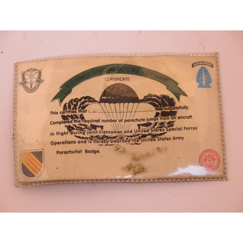 Carte brevet parachutiste special force US army Vietnam 