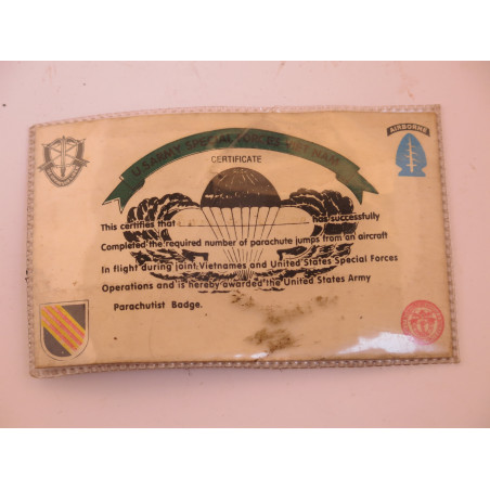 Carte brevet parachutiste special force US army Vietnam