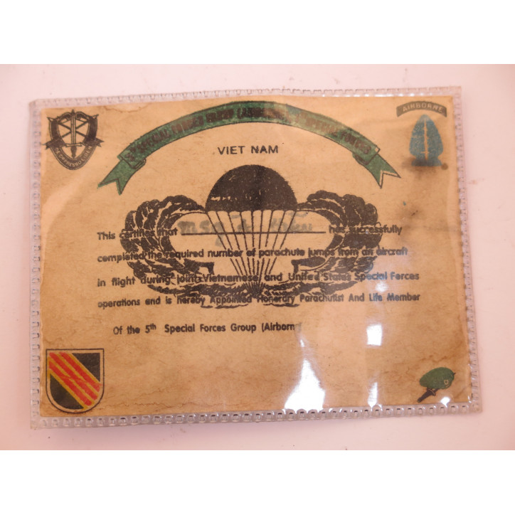 Carte brevet parachutiste 5 th  special force US army Vietnam Ref ca 28