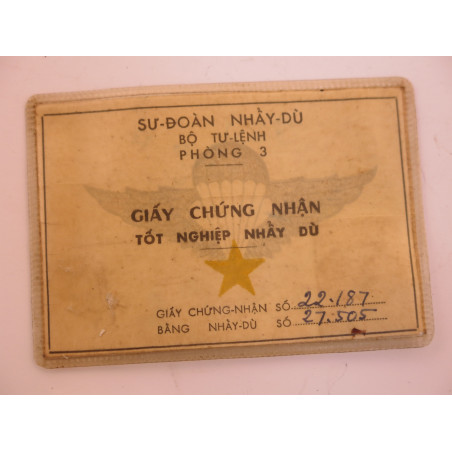 Carte brevet parachutiste ARVN 1968 Ref CA30  bo doc