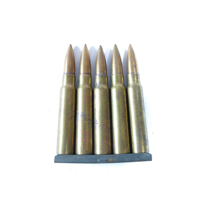Lame chargeur avec 5 cartouches de calibre  7.65 Belge inerte
