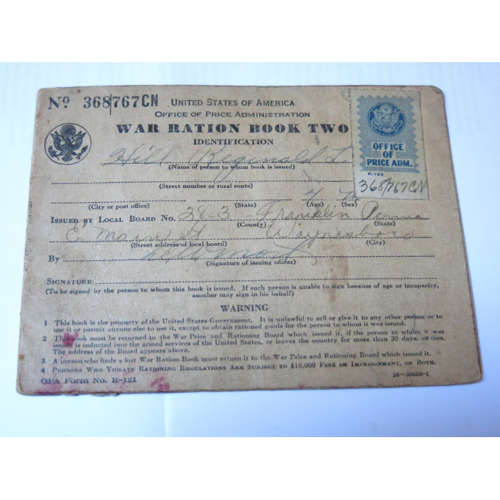 Carnet original War ration book two US 39/45  numero 368767 