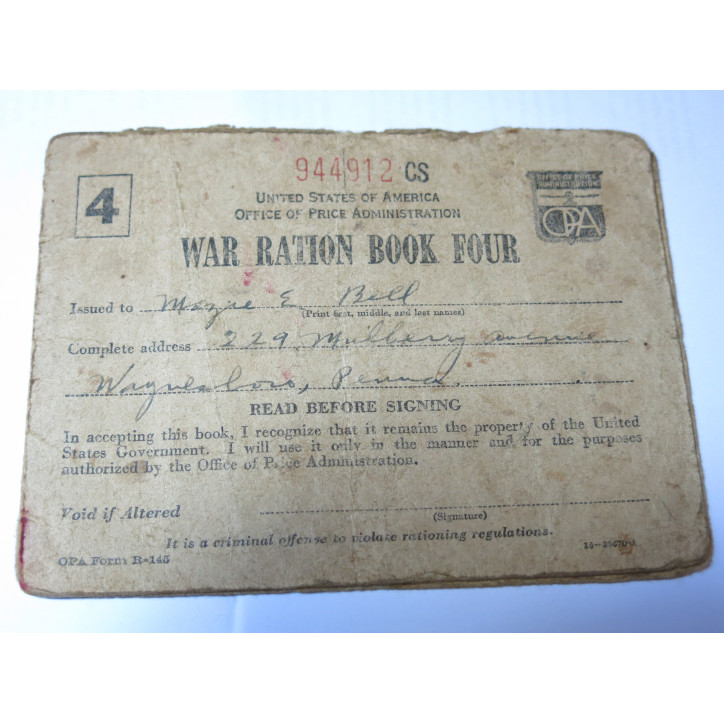 Carnet original War ration book four US 39/45  numero 944912 