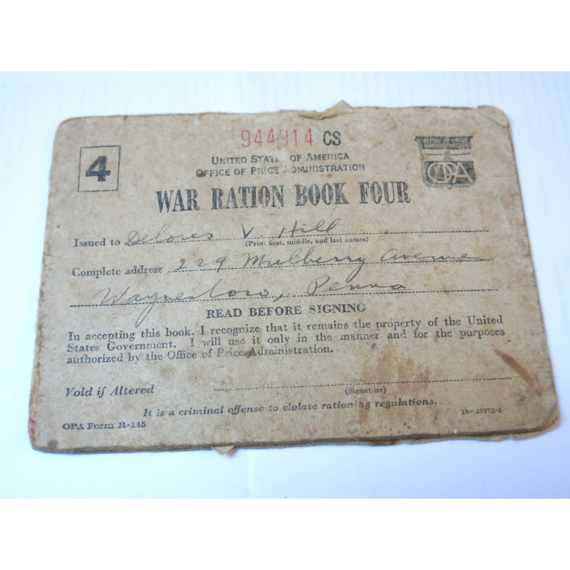 Carnet War ration book four  US 39/45  numero 944914 