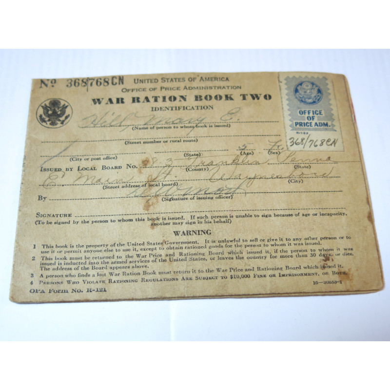 Carnet War ration book two US 39/45  numero 368768 