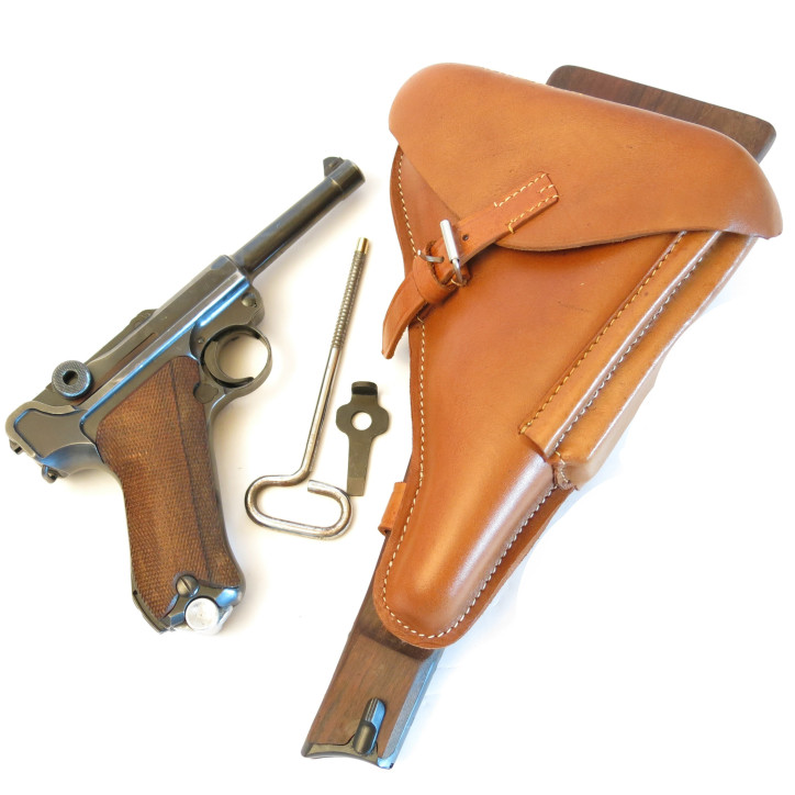Etui cuir avec crosse bois Luger P08 court avec outils