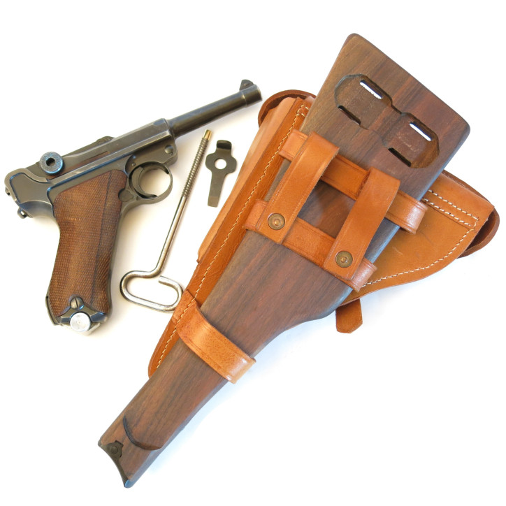 Etui cuir avec crosse bois Luger P08 court avec outils