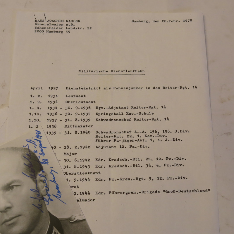 Photo dédicacée General Hans Joachim Kahler Ritterkreuz 1943  ref  70 