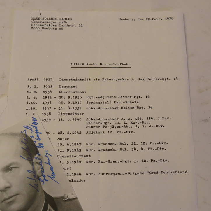 Photo dédicacée General Hans Joachim Kahler Ritterkreuz 1943  ref  70 