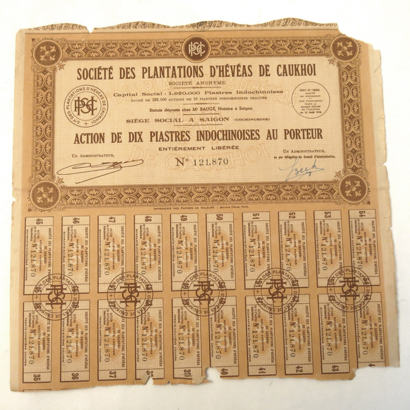Action 10 piastres Indochine plantation d'Heveas de Caukhoi 