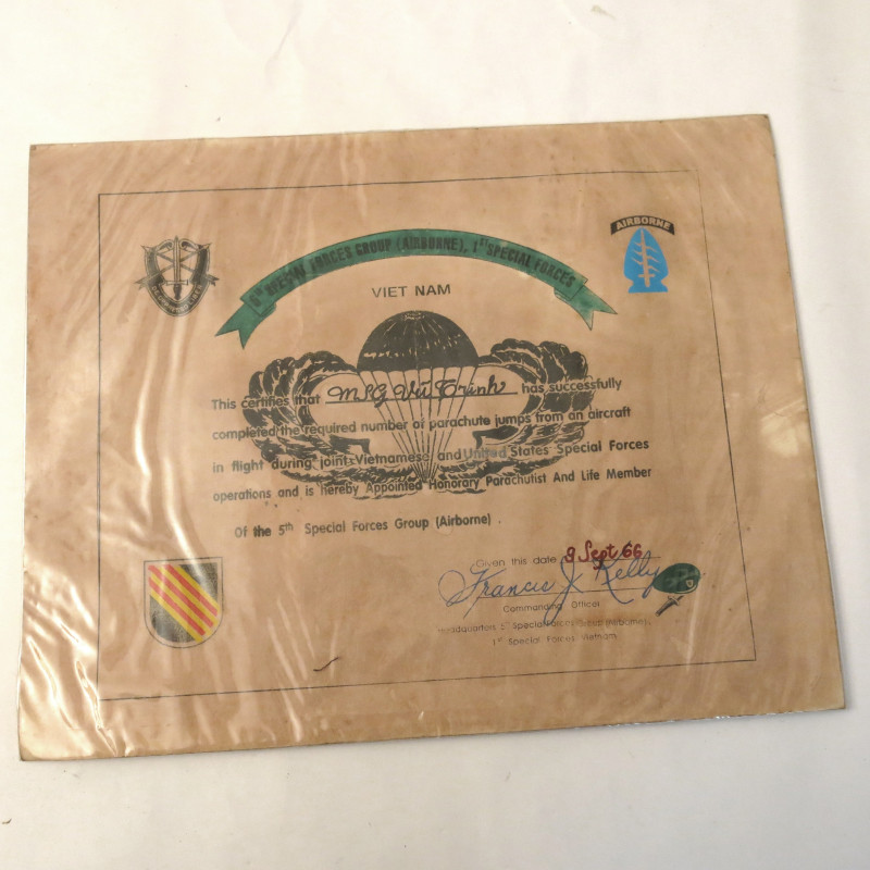 Brevet papier  parachutiste speciales forces ARVN 1966 Ref be 25