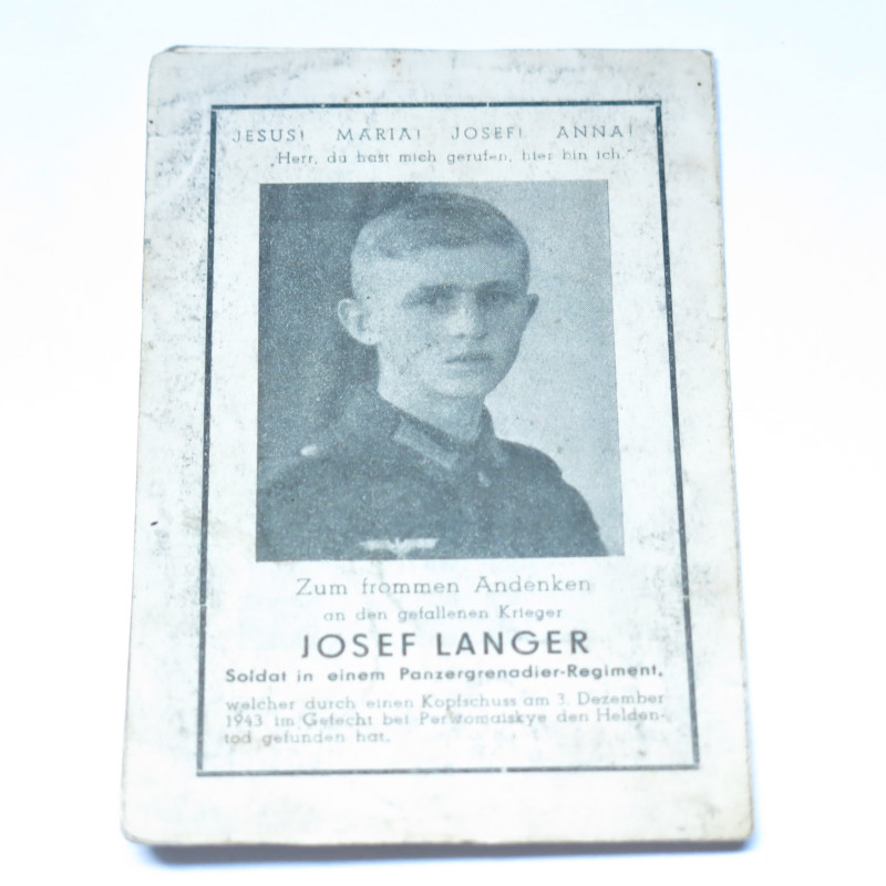 Avis de décès soldat Allemand Panzer grenadier Josef Langer  