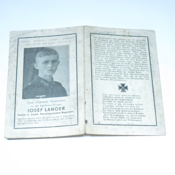 Avis de décès soldat Allemand Panzer grenadier Josef Langer  