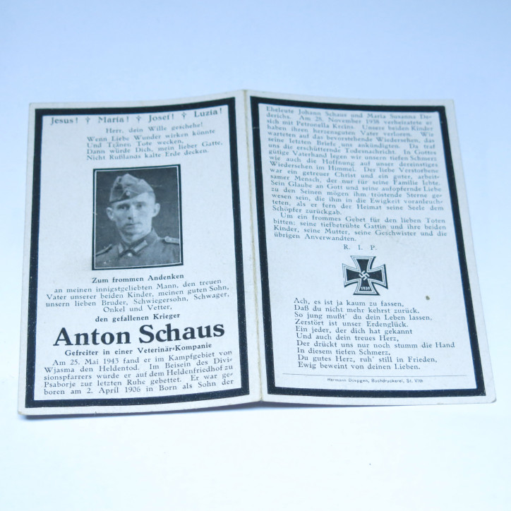 Avis de décès soldat Allemand Anton Schauss  bo doc