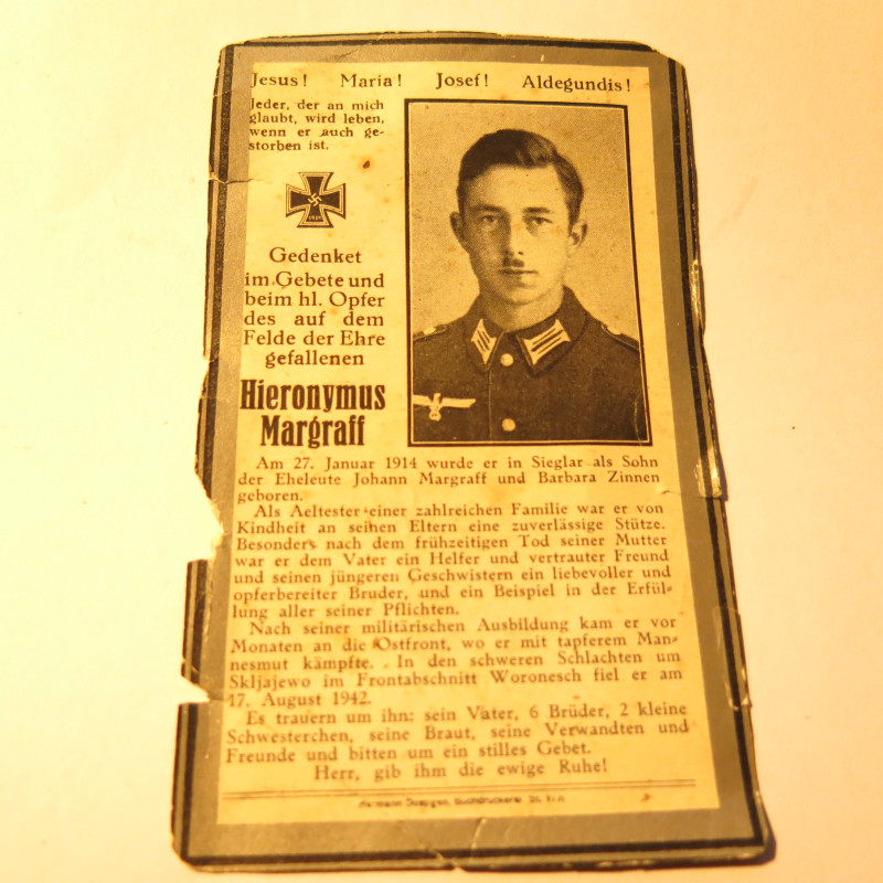 Avis de décès soldat Allemand Hieronymus Margraff  