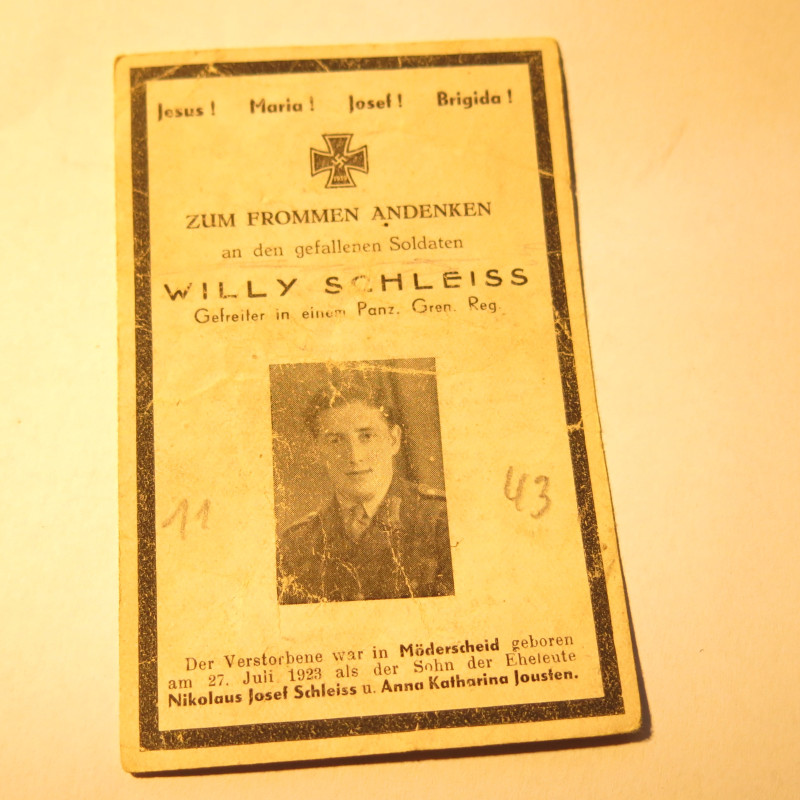 Avis de décès soldat Allemand Panzer grenadier  Willy Schleiss  bo doc