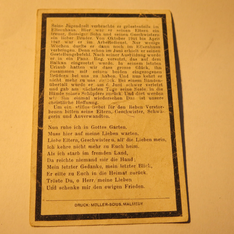 Avis de décès soldat Allemand Panzer grenadier  Willy Schleiss  bo doc