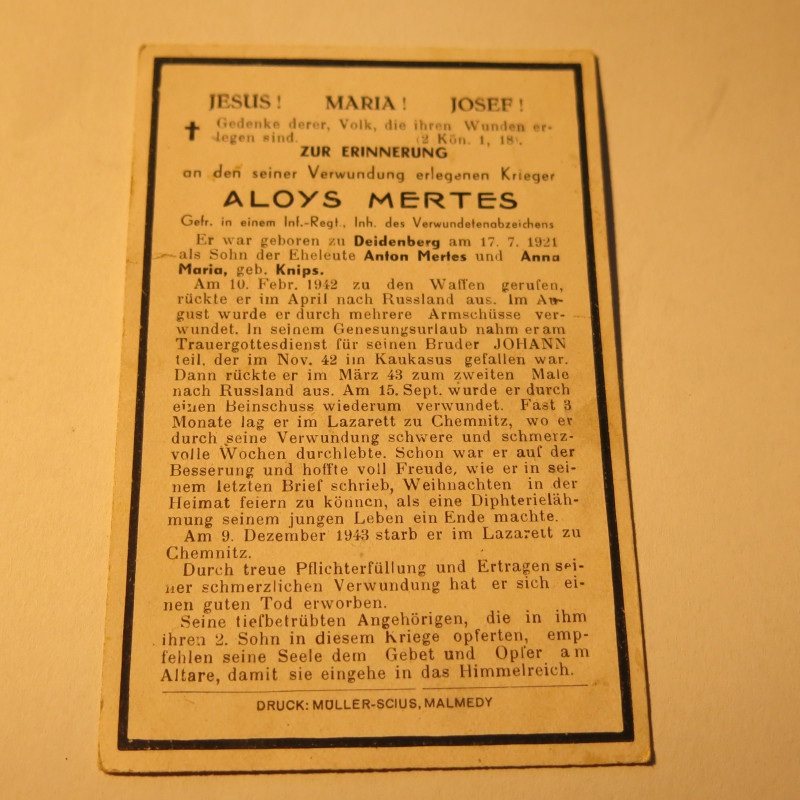 Avis de décès soldat Allemand Aloys Mertes   