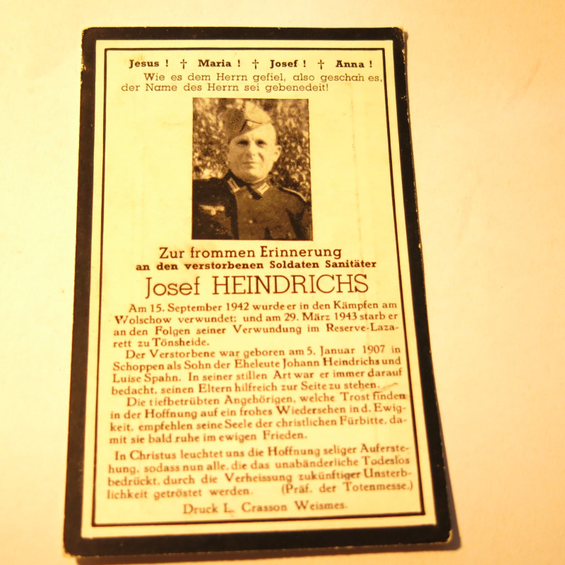 Avis de décès soldat Allemand Josef  Heindrichs   