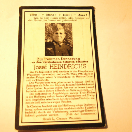 Avis de décès soldat Allemand Josef  Heindrichs   