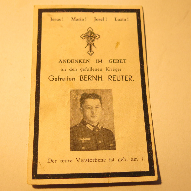 Avis de décès soldat Allemand Bernh Reuter 