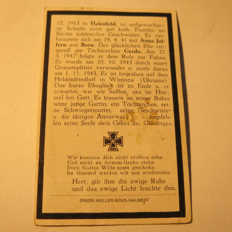 Avis de décès soldat Allemand Bernh Reuter 