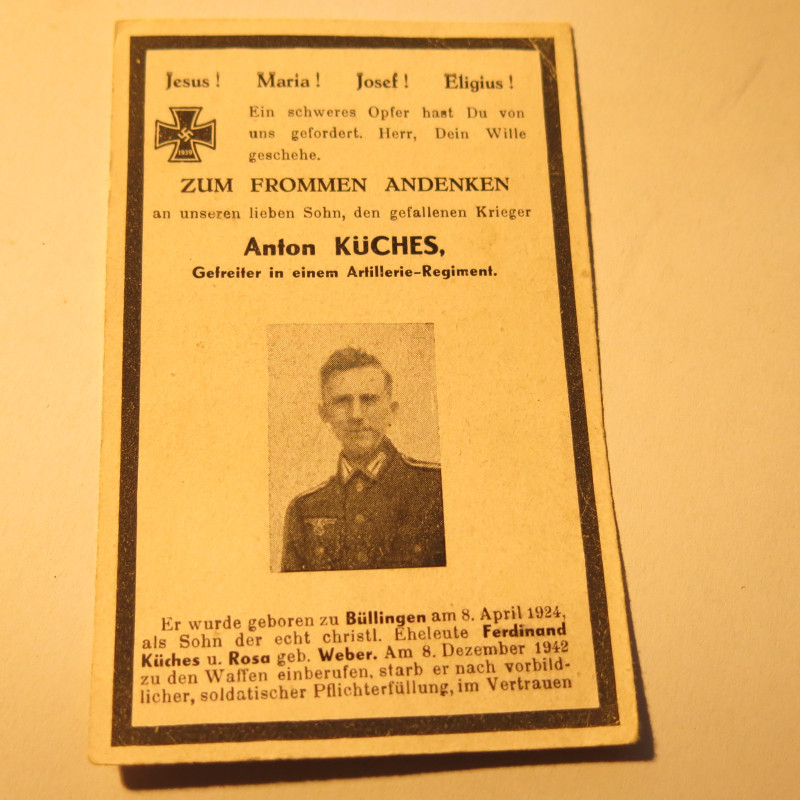 Avis de décès soldat Allemand Anton Kuches  