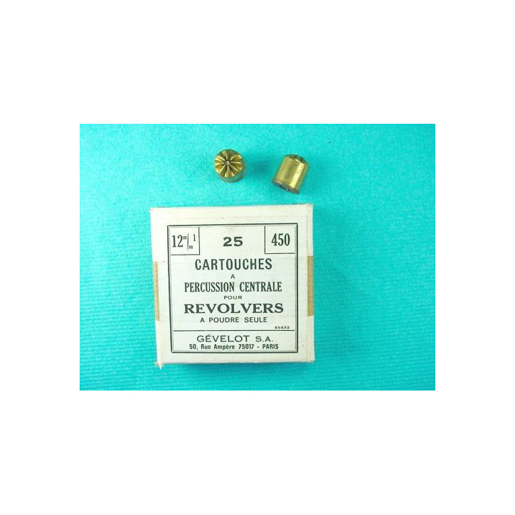 Boite de 25 cartouches à blanc poudre noire Gevelot  450 ou 12mm percussion centrale pour revolver