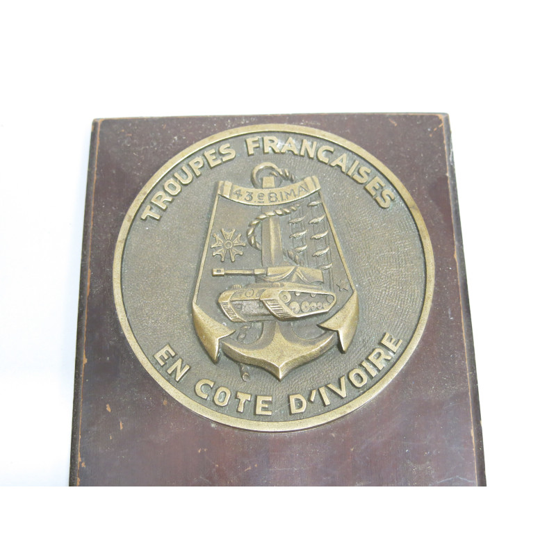 Plaque bronze sur bois  43  BIMA Troupes Francaise en cote d'ivoire  ref 225 