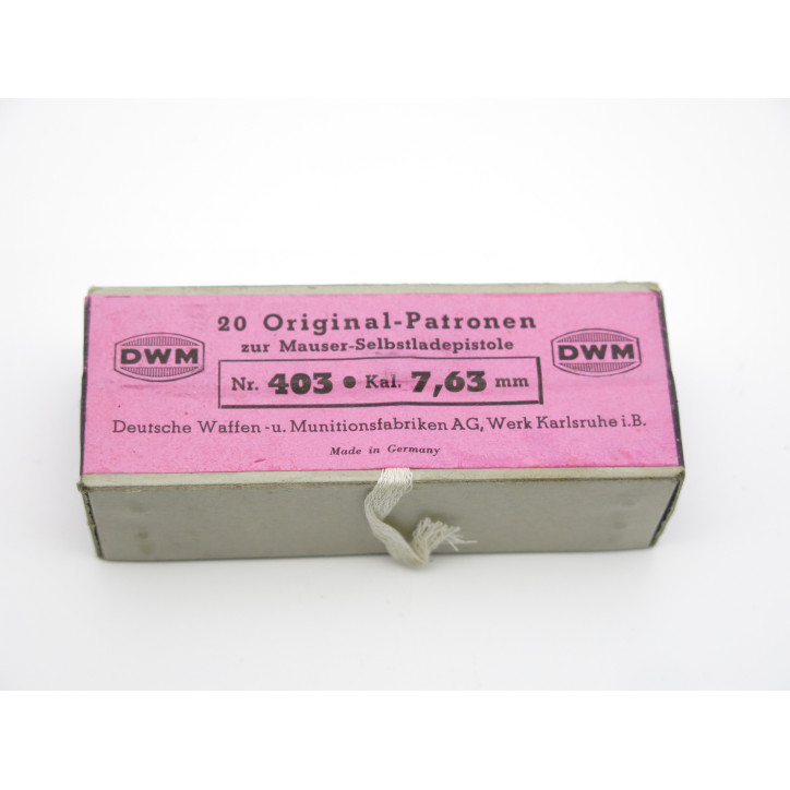 Boite pleine originale de 20 cartouches sur lames 7.63 DWM pour C96 Mauser Catégorie B
