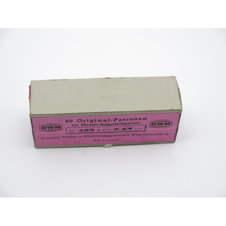 Boite pleine originale de 20 cartouches sur lames 7.63 DWM pour C96 Mauser Catégorie B