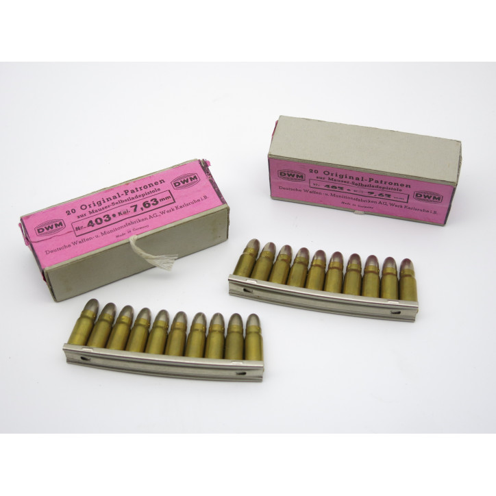 Boite pleine originale de 20 cartouches sur lames 7.63 DWM pour C96 Mauser Catégorie B