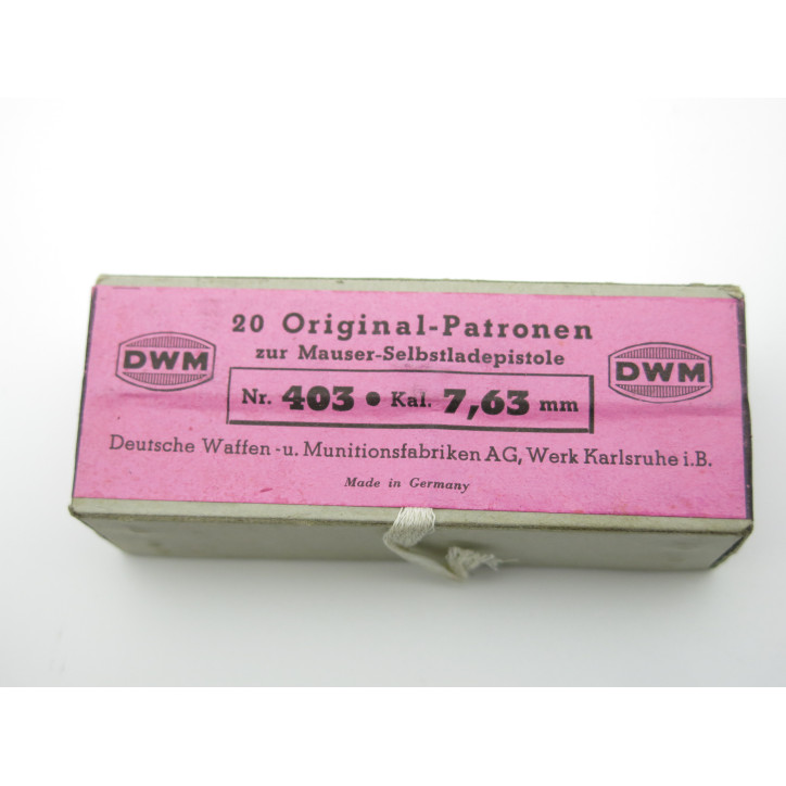 Boite pleine originale de 20 cartouches sur lames 7.63 DWM pour C96 Mauser Catégorie B