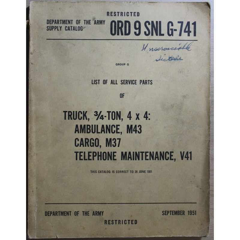 Supply Catalog ORD 9 SNL G-741 Dept of the Army de 1951