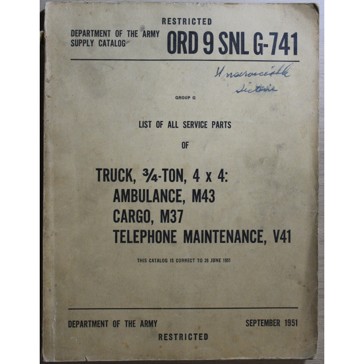 Supply Catalog ORD 9 SNL G-741 Dept of the Army de 1951