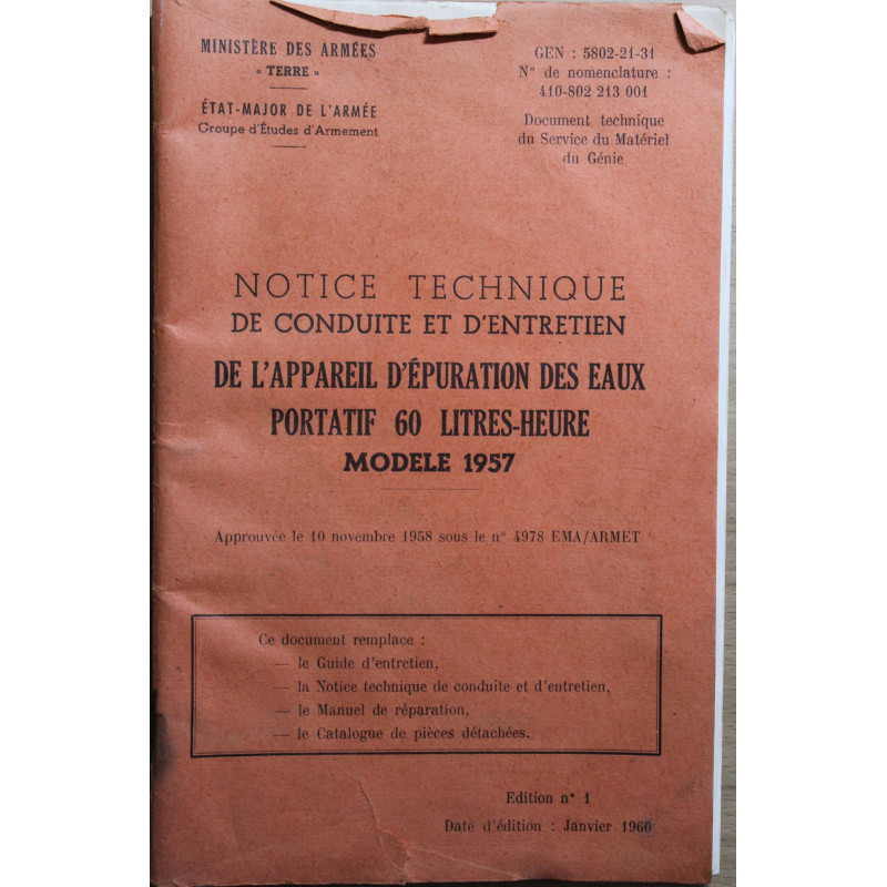 Notice technique de conduite et d'entretien de l'appareil d'épuration des eaux Mle 1957