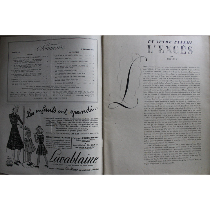 Revue Marie Claire de Septembre1939 No 134