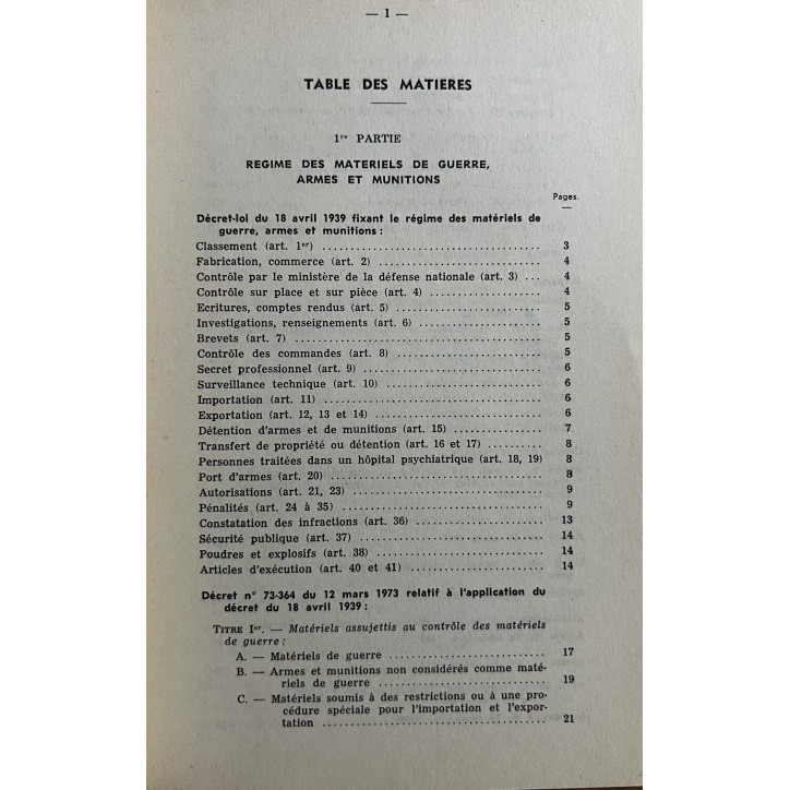 Livre Matériels de guerre armes et munitions  - Régime