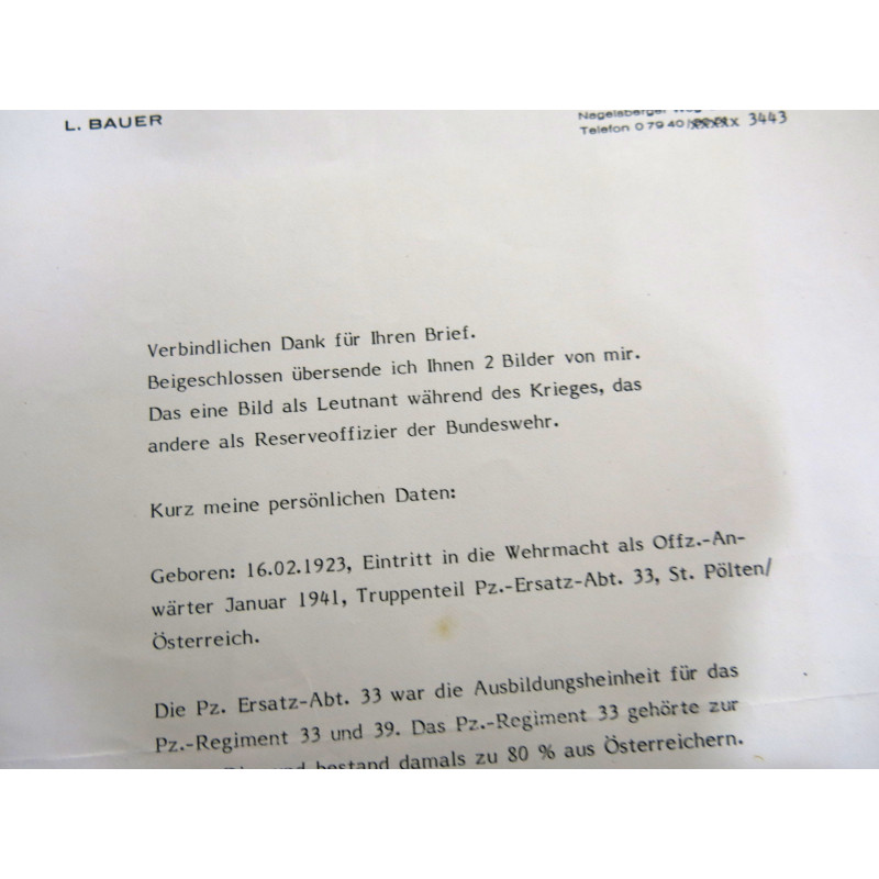 2 Photos Panzer division dédicacées  Ritterkreuz  soldat Ludwig Bauer    ref  126