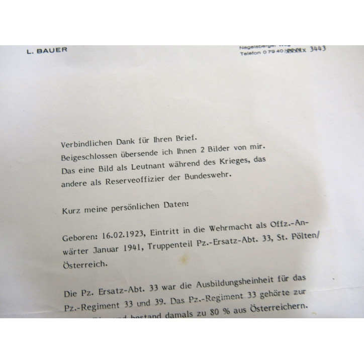 2 Photos Panzer division dédicacées  Ritterkreuz  soldat Ludwig Bauer    ref  126