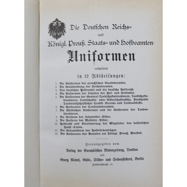 Livre Les uniformes officiels de l'État et de la cour impériale et royale prussienne allemande vers 1900
