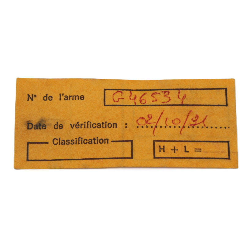 Ticket réglementaire de vérification des armes de l'armée française