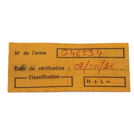 Ticket réglementaire de vérification des armes de l'armée française