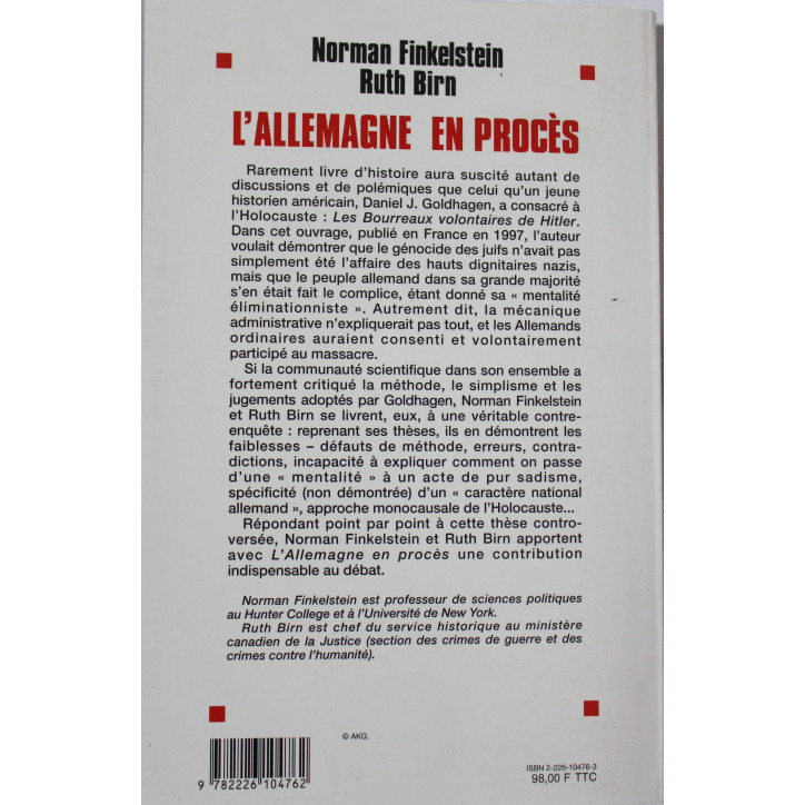 Livre L'Allemagne En Proces. La These De Goldhagen Et La Verite Historique Livre L'Allemagne En Proces. La These De Goldhagen Et La Verite Historique