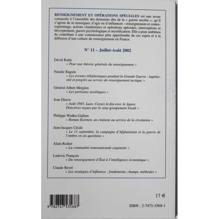 Livre Renseignement et opérations spéciales No 11 Juillet-Août 2002 Livre Renseignement et opérations spéciales No 11 Juillet-Août 2002