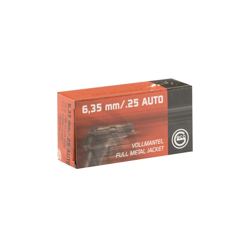 50 munitions Geco FMJ, calibre .25 auto (6.35 mm) 49 gr  categorie B