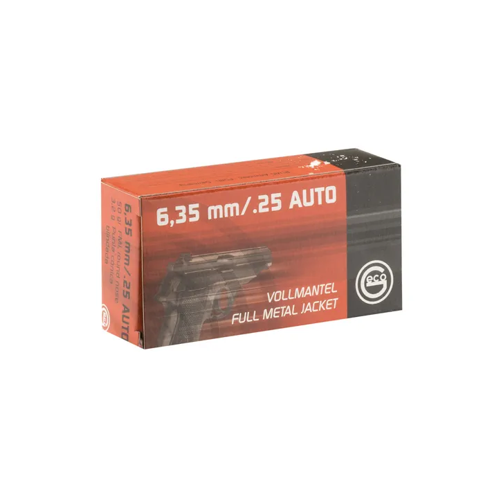 50 munitions Geco FMJ, calibre .25 auto (6.35 mm) 49 gr  categorie B